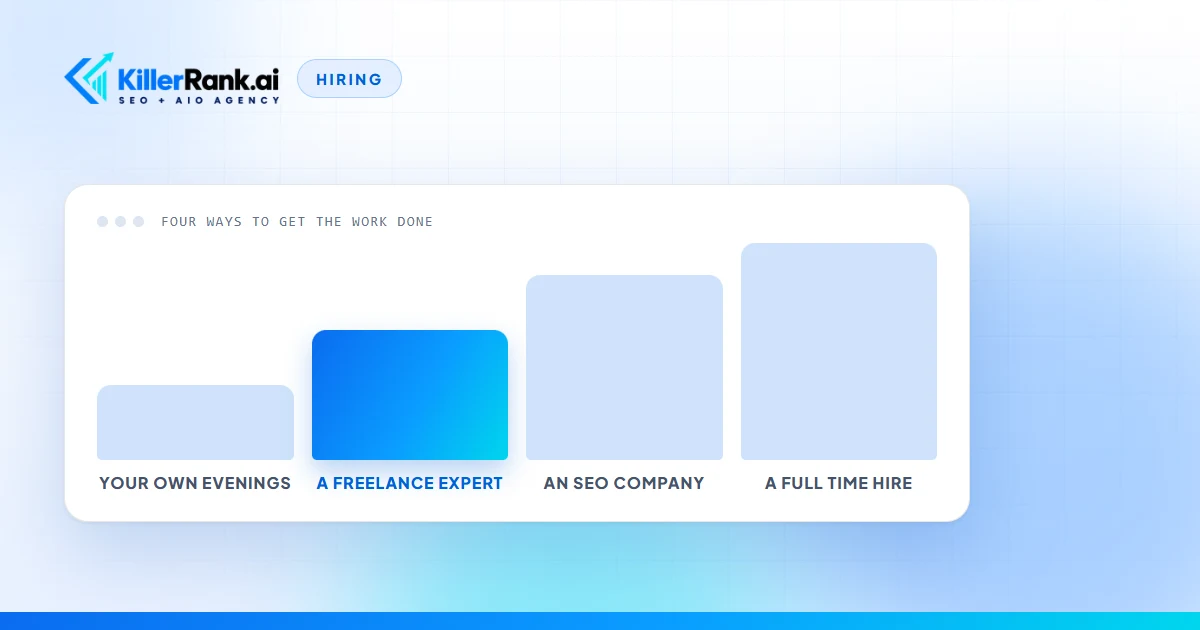 Illustration of four rising bars comparing what each way of getting SEO done costs a small business, from your own evenings up to a full time hire