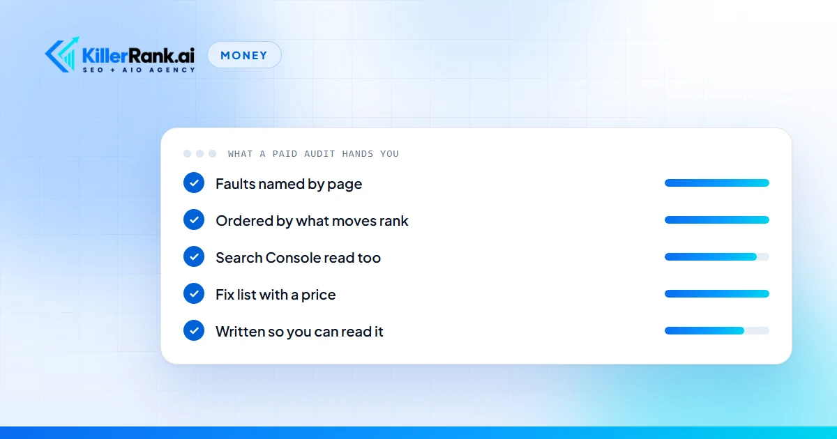 Illustration of a delivered checklist showing what a paid SEO audit should hand a business owner: faults named by page, ordered by what moves rank, Search Console read too, a fix list with a price, and written so an owner can read it