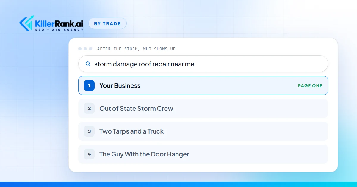 Illustration of a Google results card for the search storm damage roof repair near me, with Your Business in the first position marked page one above three made up roofing competitor names
