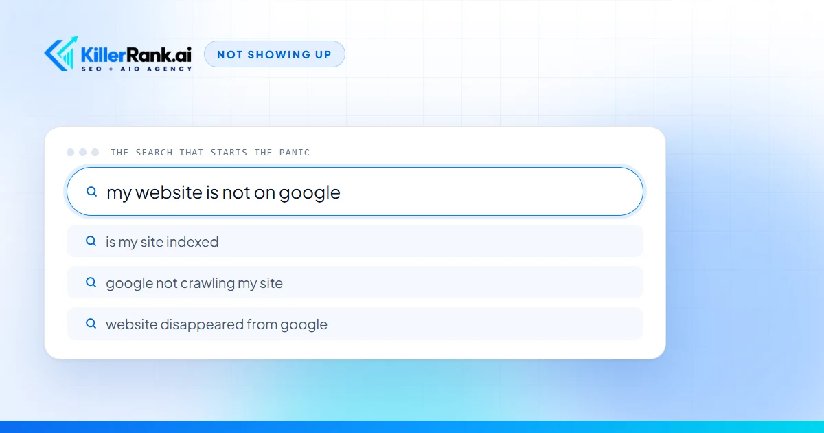 Illustration of a search box holding the query my website is not on google, with three suggested searches about indexing and crawling listed beneath it